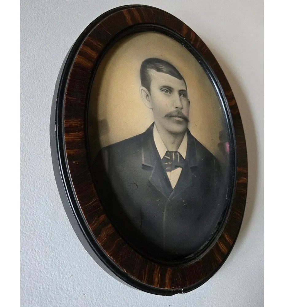 Antique Victorian Oval Crayon Portrait Man Tiger Wood Frame 1800s Folk Art